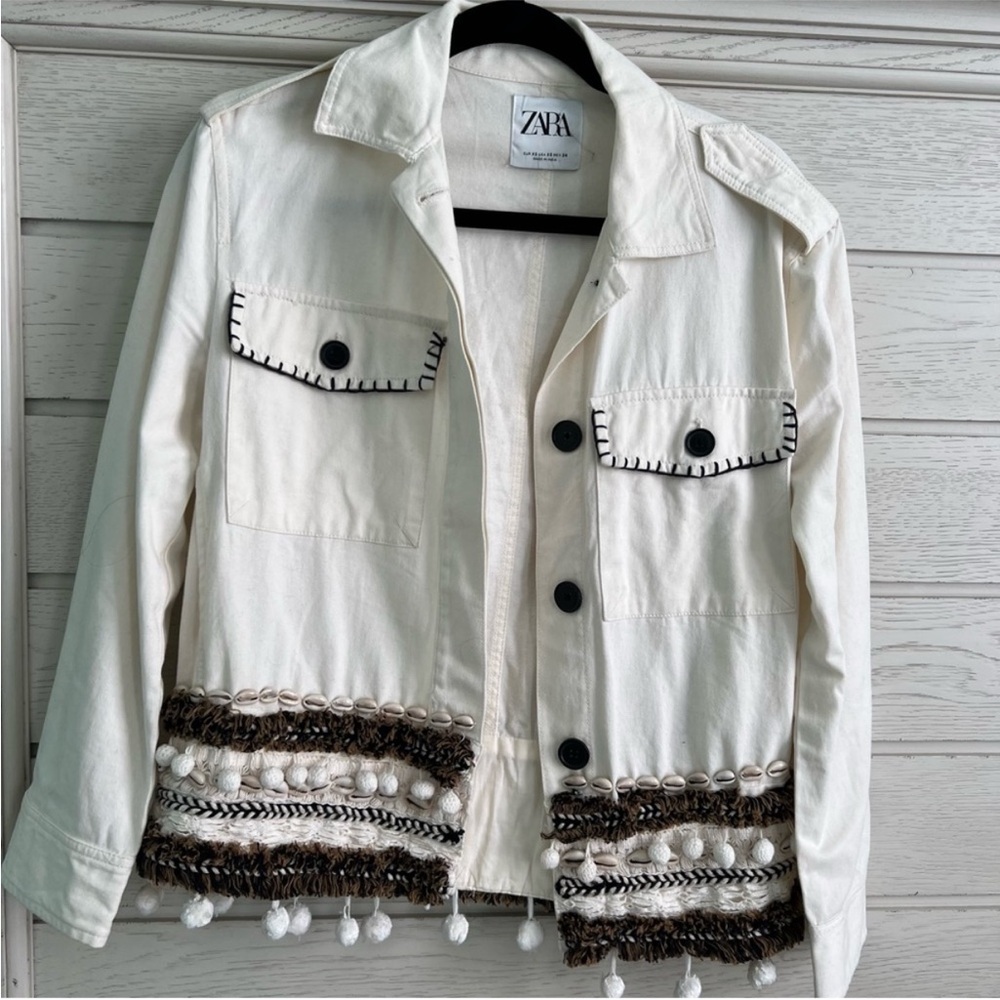Zara Cream and Brown Embellished Cowrie Shell Jacket